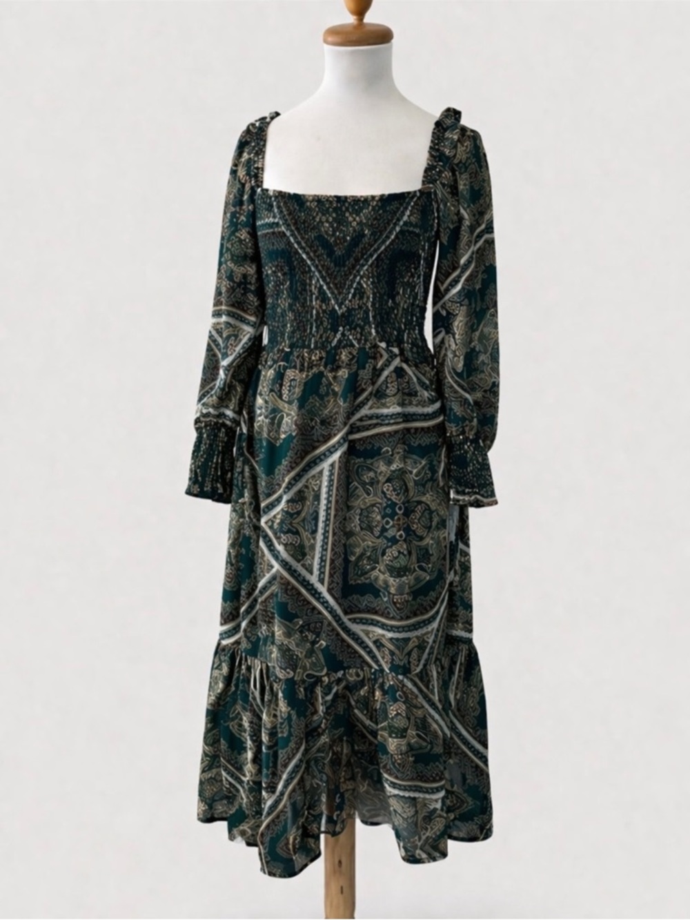 NWT APRICOT Boho Green Paisley Smocked Midi Dress Romantic Size 6